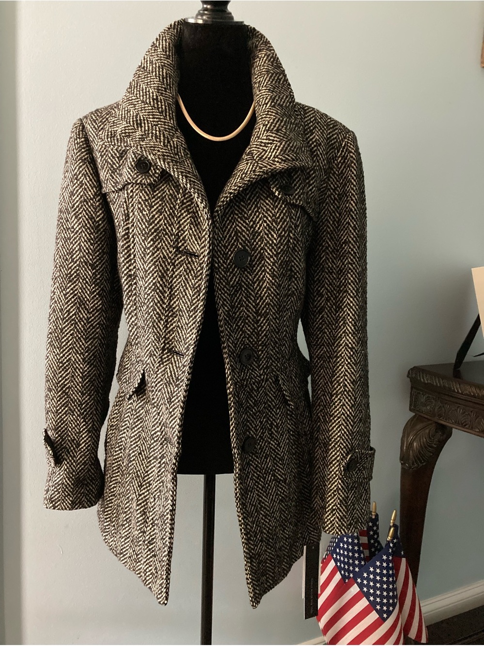 NWT Nicole Miller Black & White Herringbone Peacoat XLarge